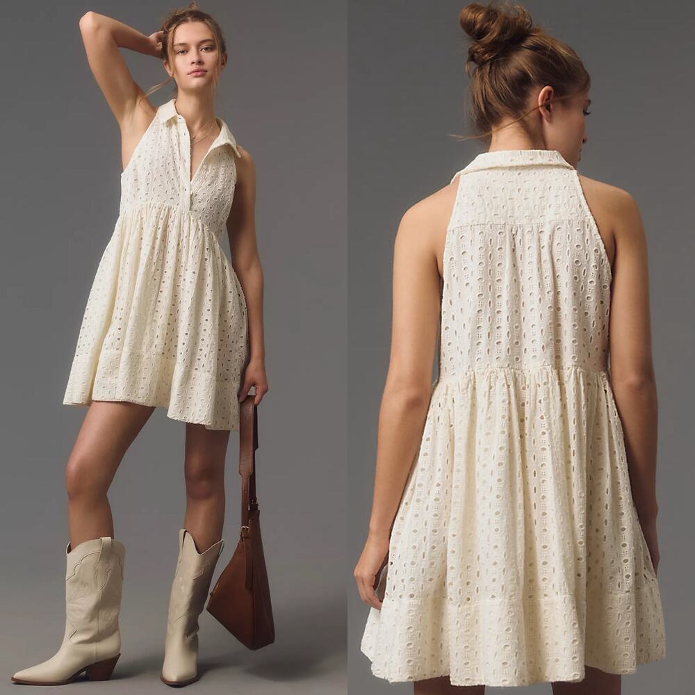 Anthropologie Maeve Halter Eyelet Mini Dress‎ Ivory Size XS